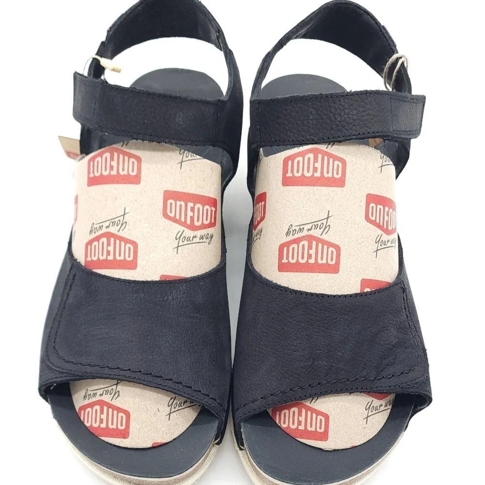 On Foot Wedge Casual Comfort Sandal Black Suede Leather Size 41 US 9.5